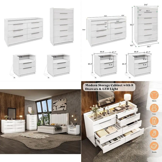 Fluted Wood Dresser Set With Nightstands And 9 Drawers