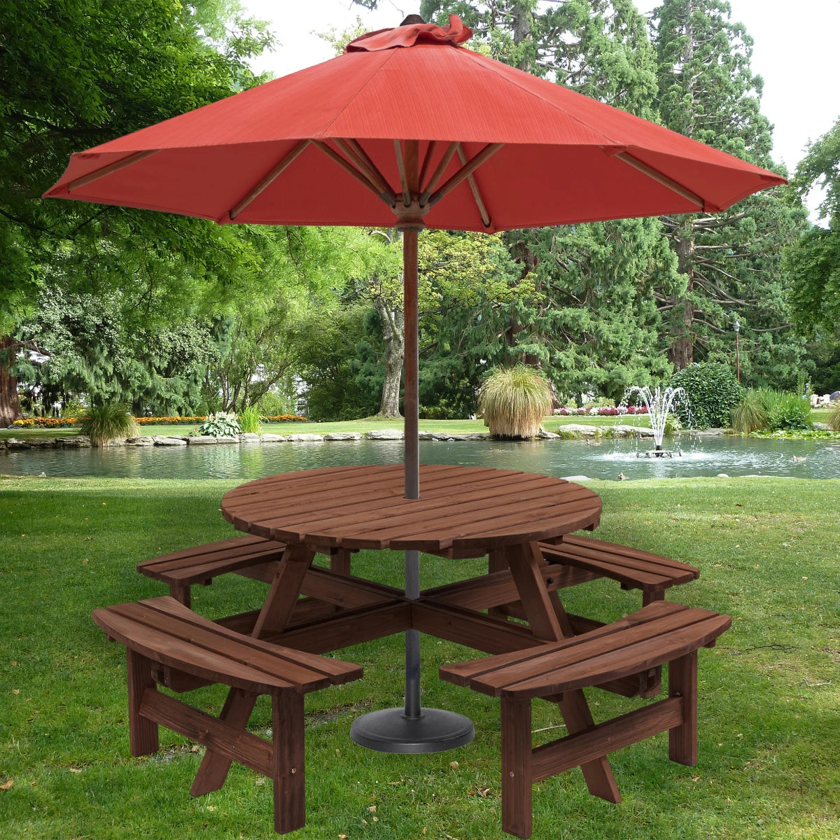 Wooden Outdoor Picnic Table With Built In Benches For Garden