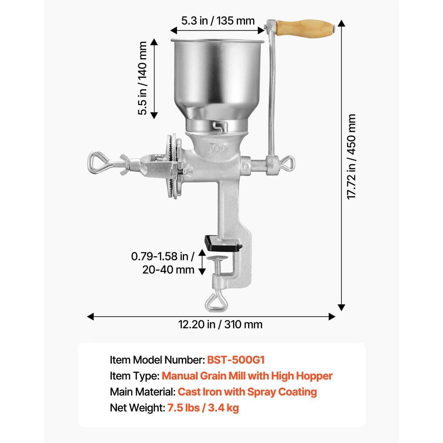 SucceBuy Manual Grain Mill With High Hopper Hand Crank