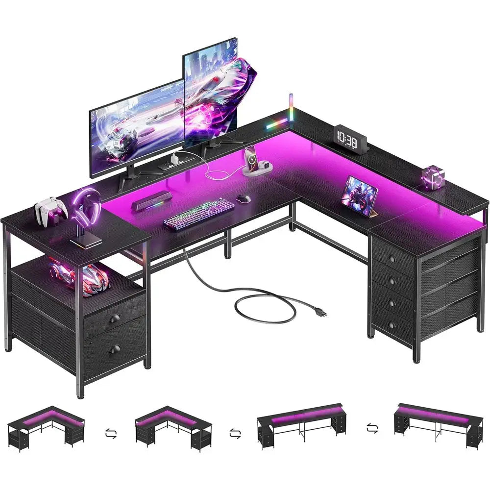 L Shaped Gaming Desk Metal Frame Led Lights Power Outlets