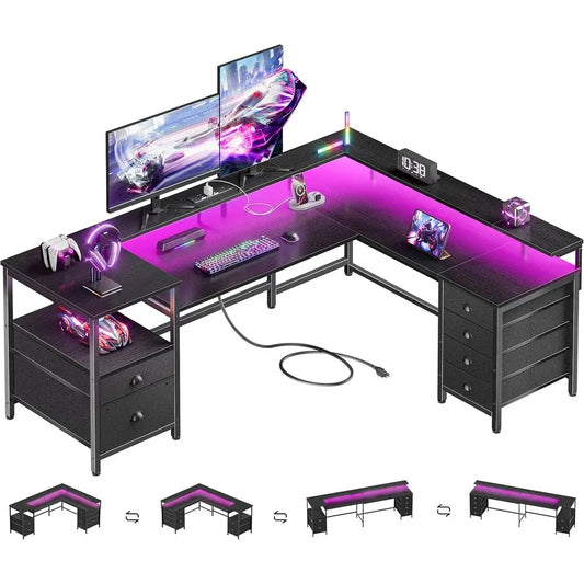 L Shaped Gaming Desk Metal Frame Led Lights Power Outlets