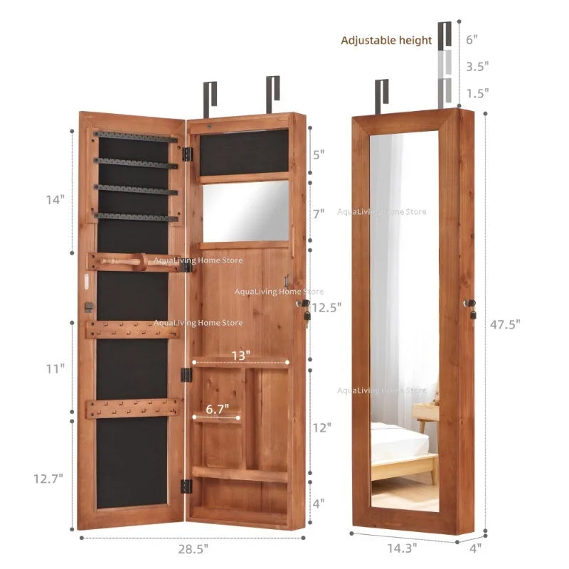 Solid Wood Jewelry Armoire With Full-Length Mirror And LED Lights