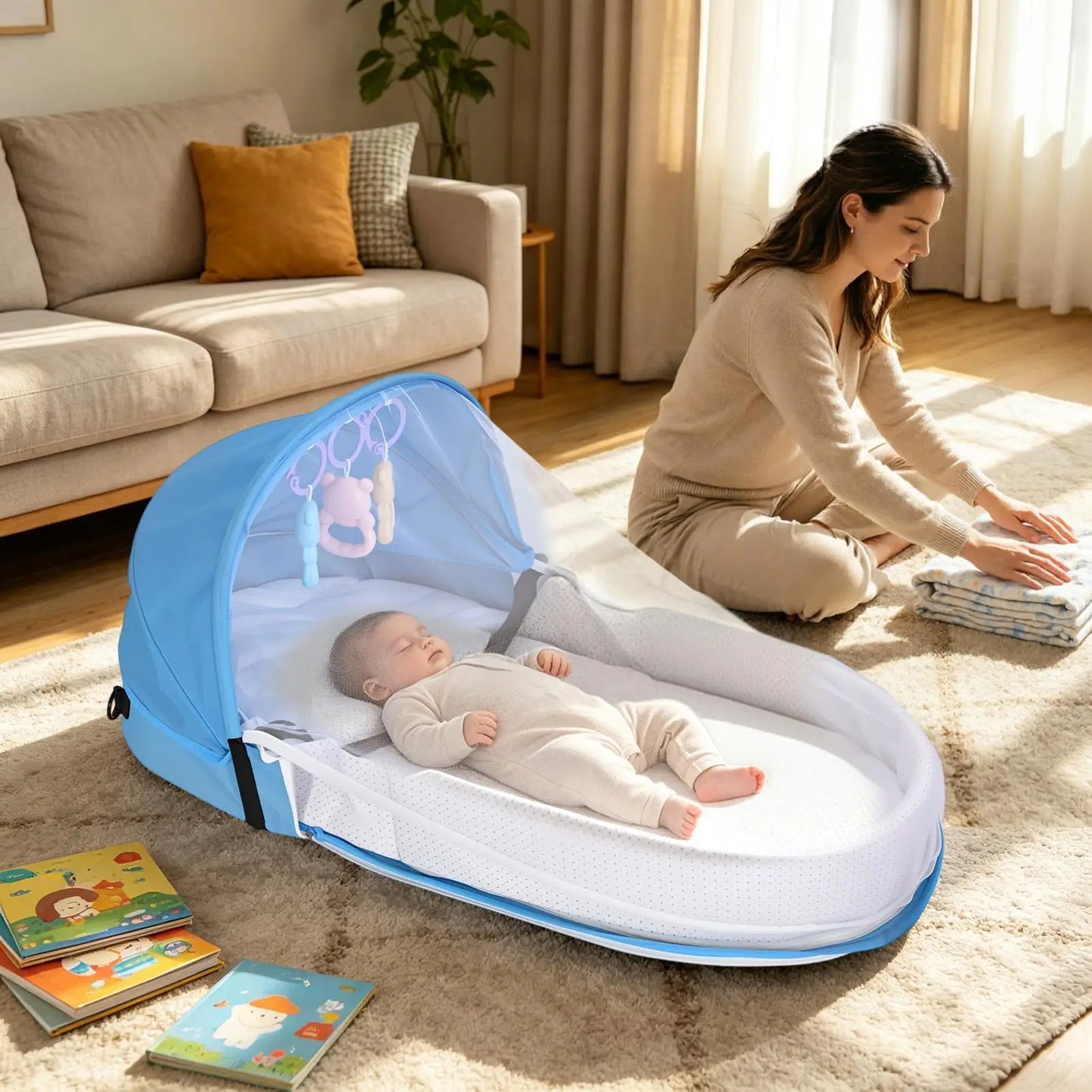 Portable Kids Travel Bed Lightweight Crib With Fly Net Camping
