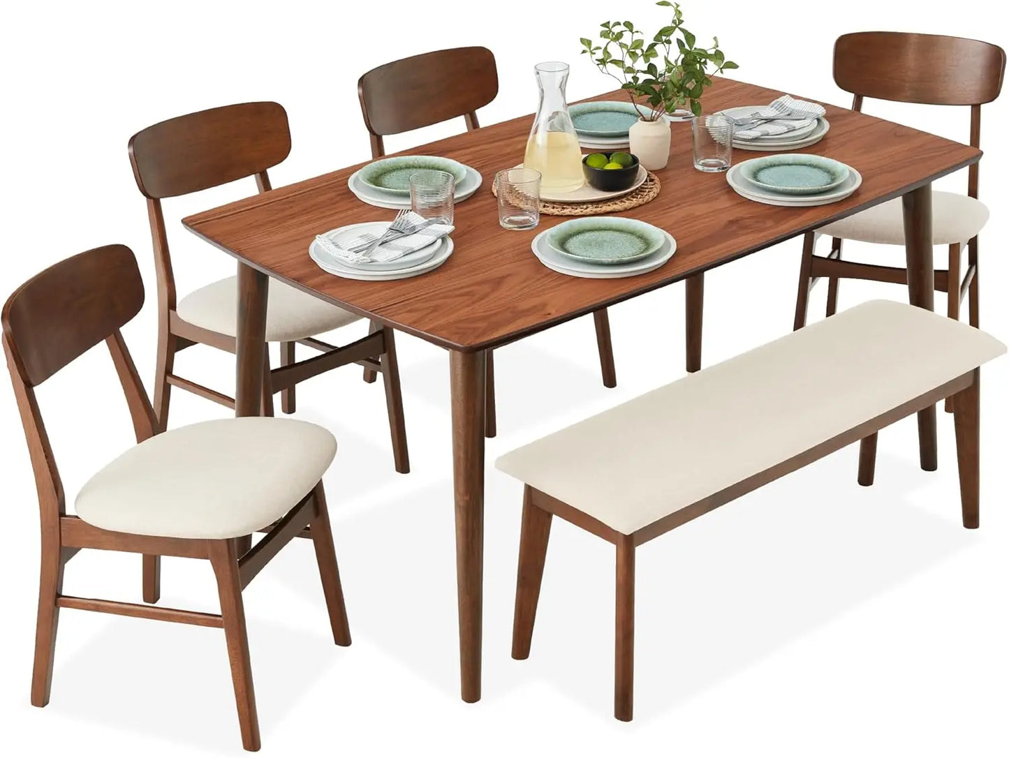 6-Piece Wooden Dining Table And Upholstered Chair Set Rubberwood
