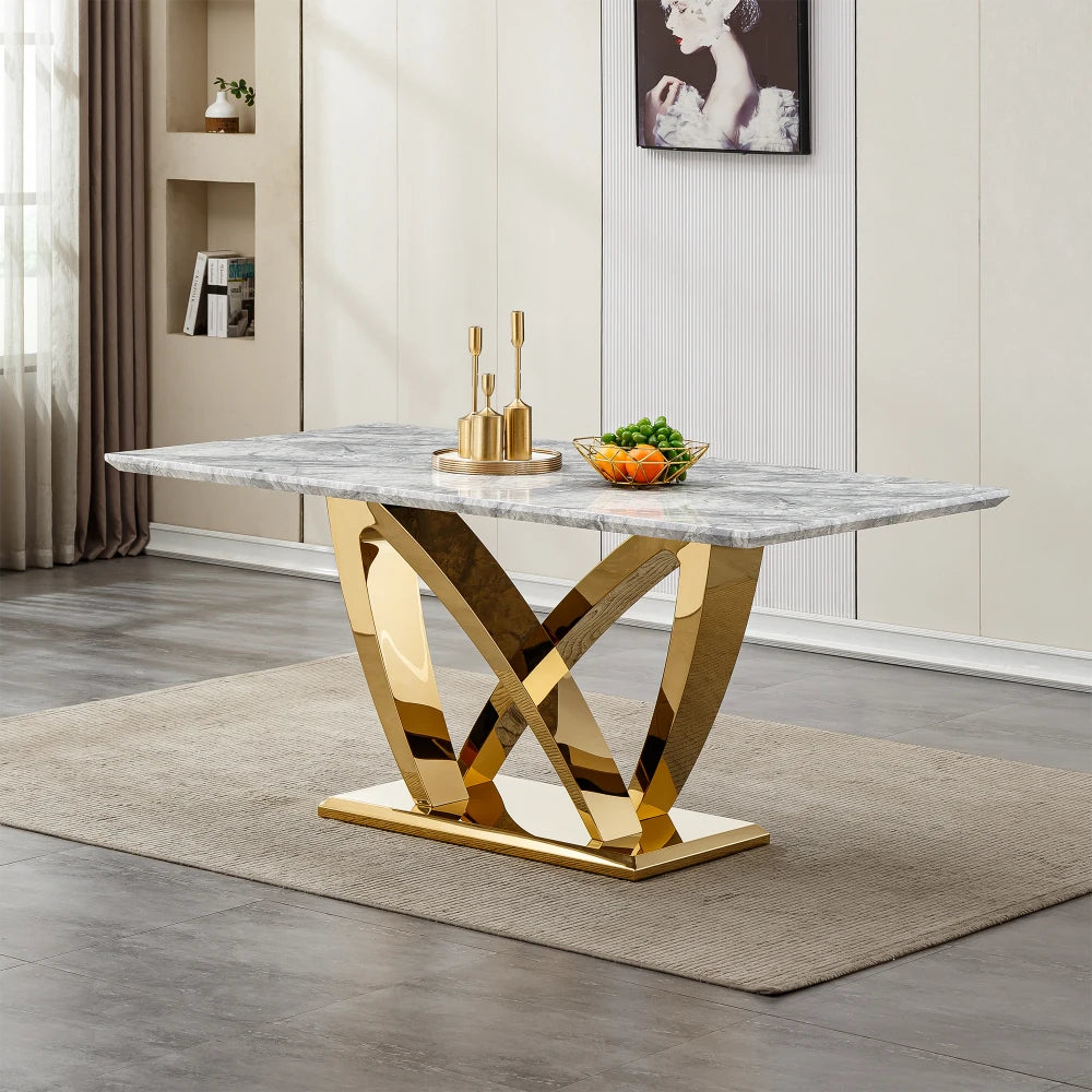 Dutrieux Luxury 6 Person Dining Table Modern Gold Legs Faux Marble