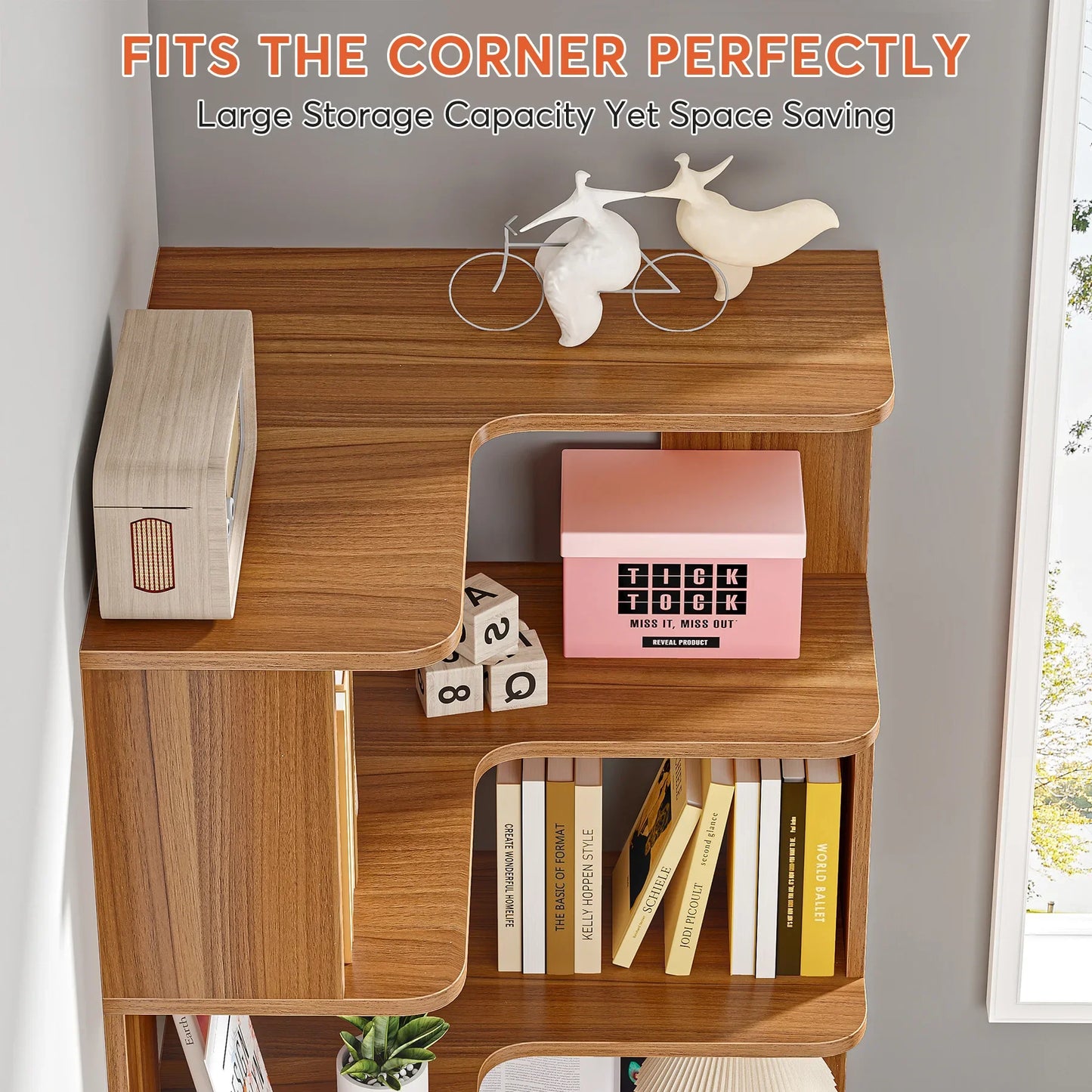 Tribesigns Six Tier Corner Bookshelf With Anti Drop Panel Wood Grain