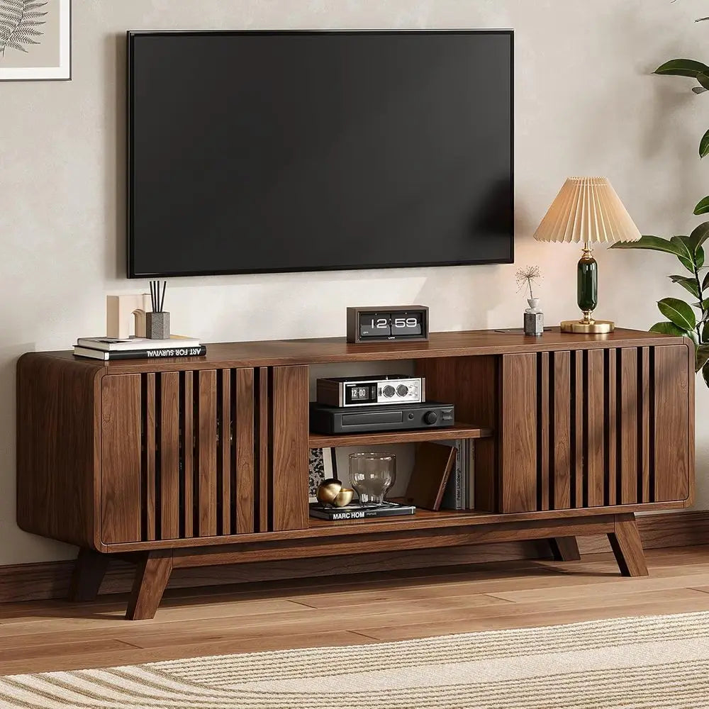 Modern TV Stand Entertainment Center With Power Outlet Sliding Door