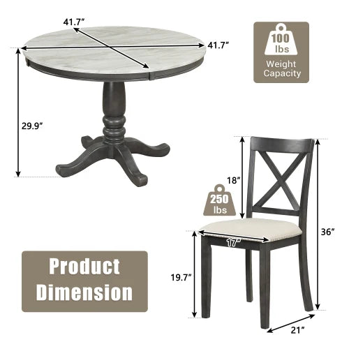 Solid Wood 5-Piece Dining Table Set for Four with Chairs