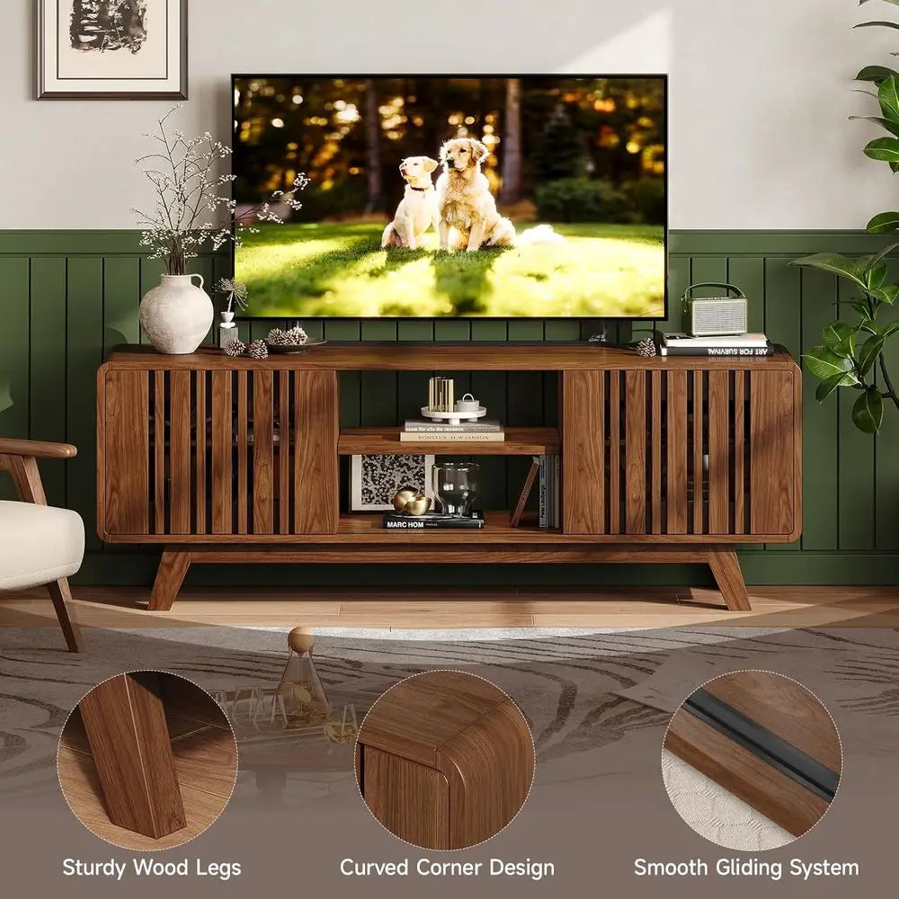 Modern TV Stand Entertainment Center With Power Outlet Sliding Door