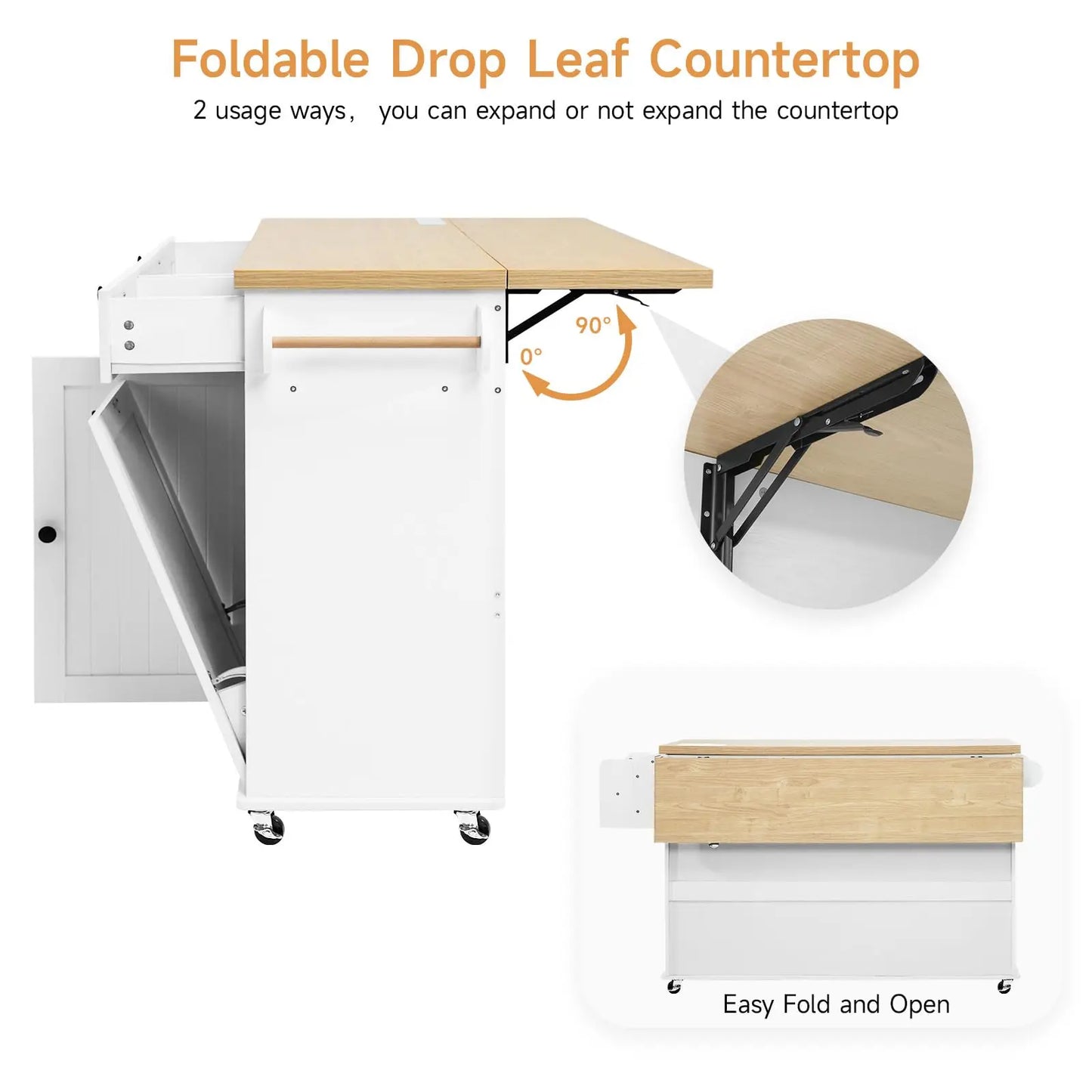 ONBRILL Mobile Kitchen Island With Drop Leaf Power Outlet Towel Rack