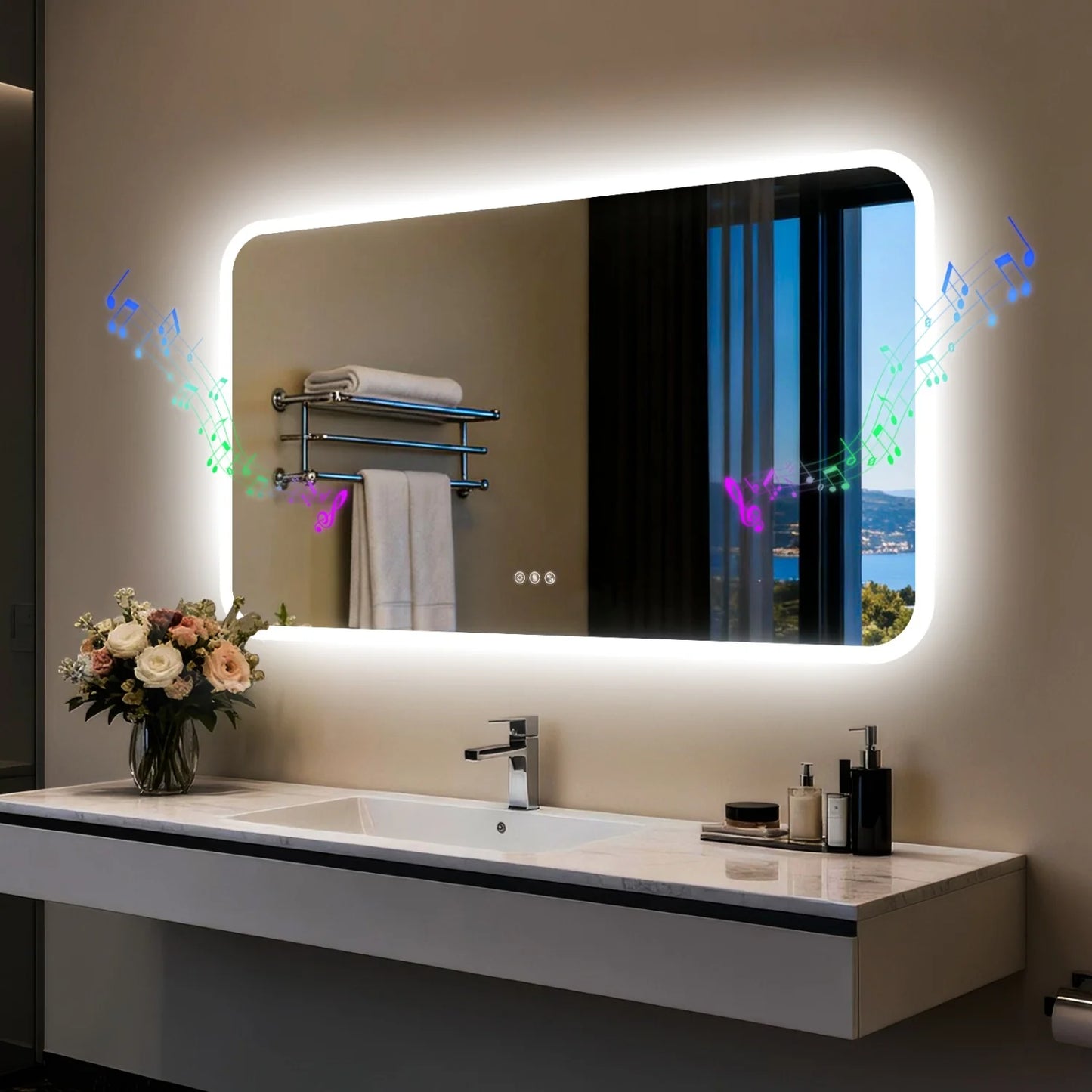 Rectangle LED Bathroom Mirror With Bluetooth Speaker Anti Fog Backlight Dimmable