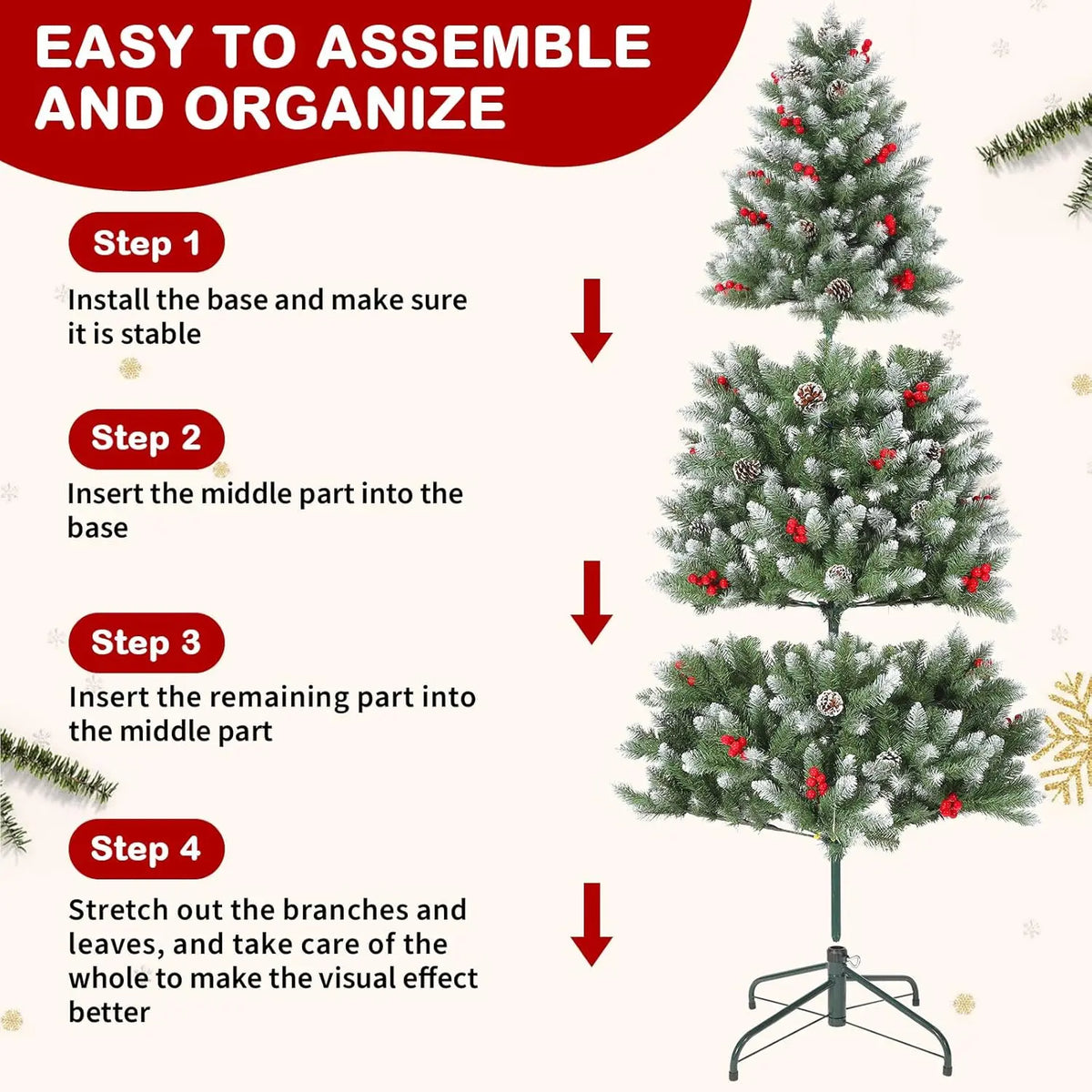 HiMISS Snow Flocked Artificial Christmas Tree With Pine Cones