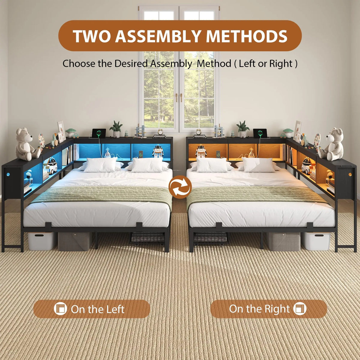 HiMISS Corner Bed Frame With Bookcase Headboard And LED Lights