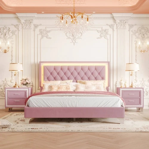 Queen Size Upholstered Platform Bed With LED Lights And Nightstands