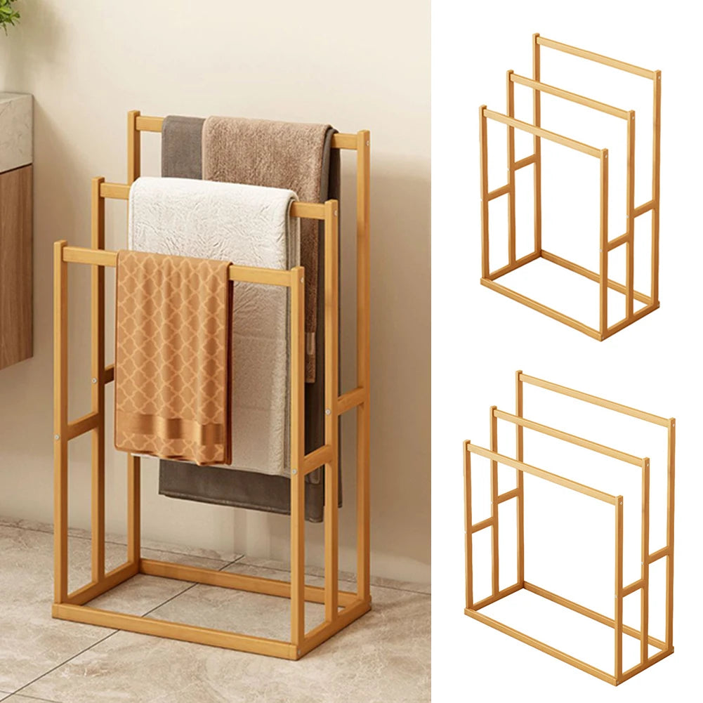 Wooden Vertical Towel Rack With 3 Hanging Crossbars For Bathroom