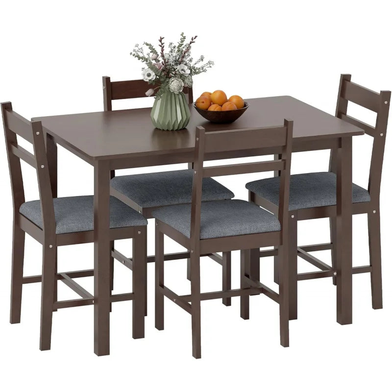 Farmhouse Five Piece Solid Wood Dining Set With Upholstered Chairs