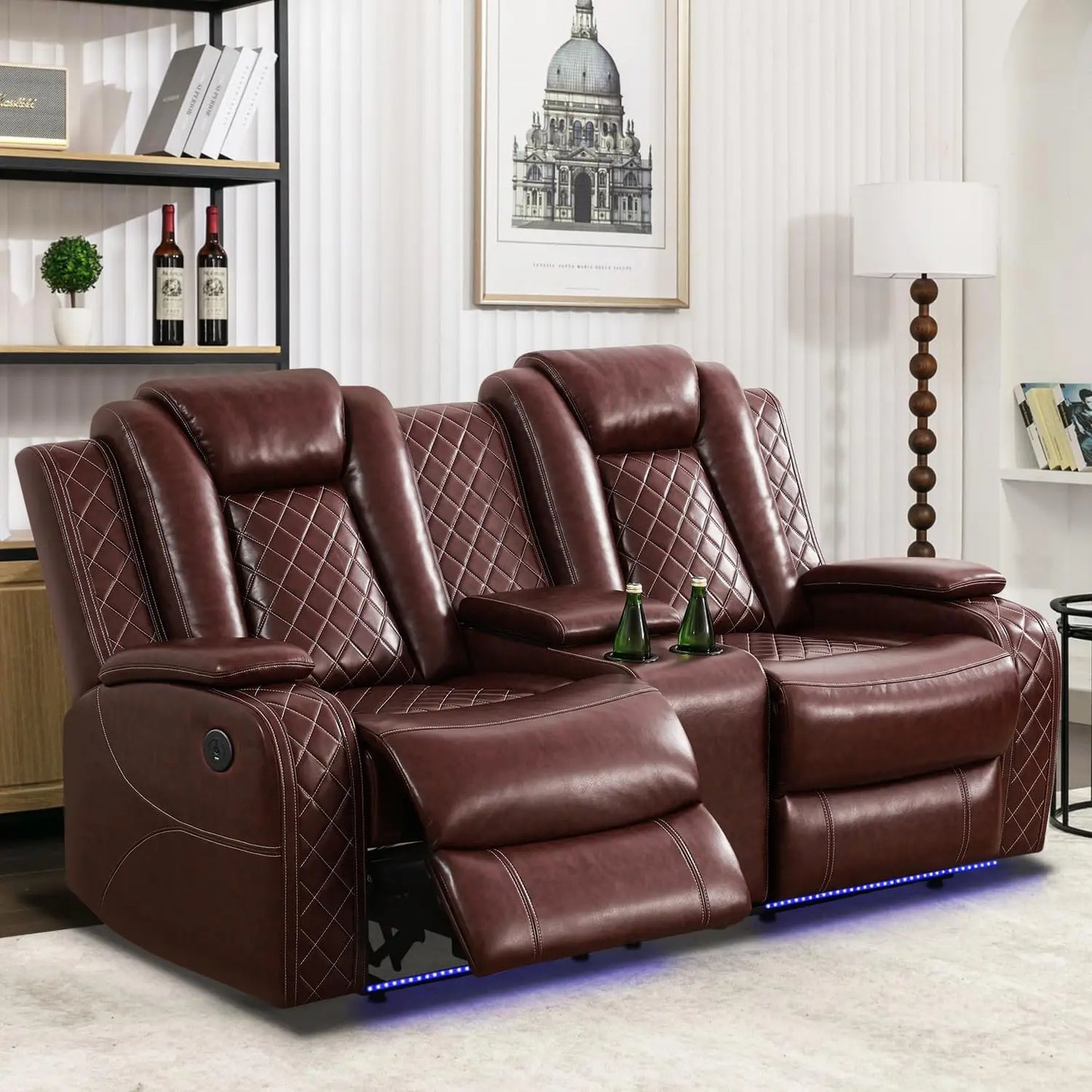 Faux Leather Power Recliner Loveseat With USB Port LED Lights Console