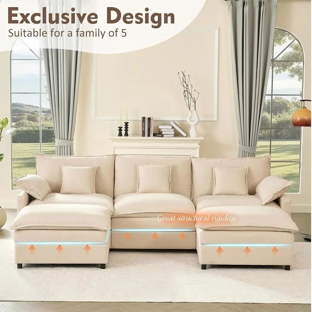 Modular Sectional Sofa Set With Movable Ottoman And Deep Seats