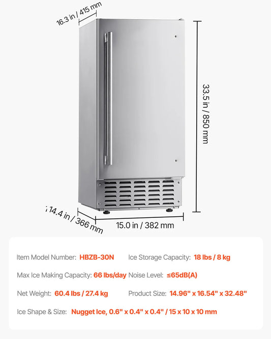 SucceBuy Undercounter Ice Maker 66 Lbs Per Day Nugget Ice