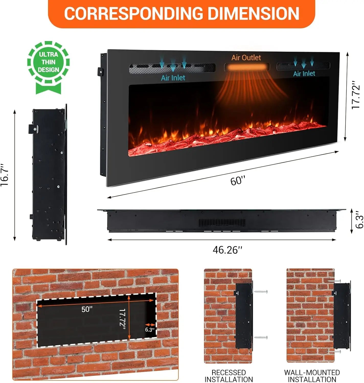 Acekool Electric Fireplace With Remote Wall Mounted Heater