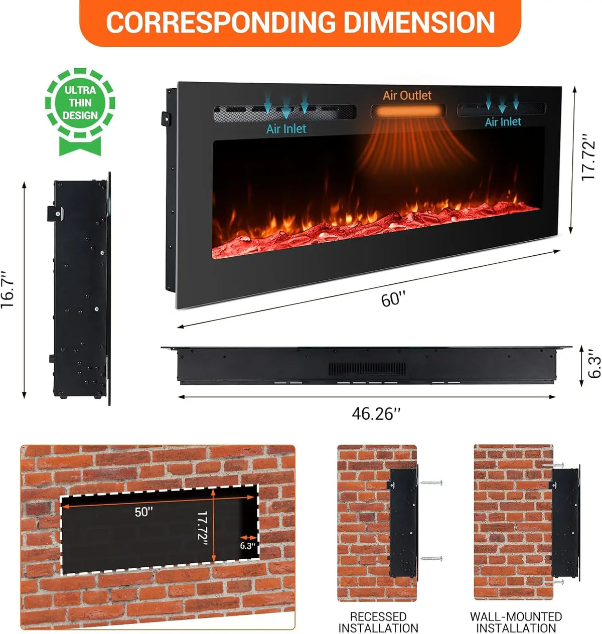 Acekool Recessed Wall Mounted Electric Fireplace Heater With Remote Control