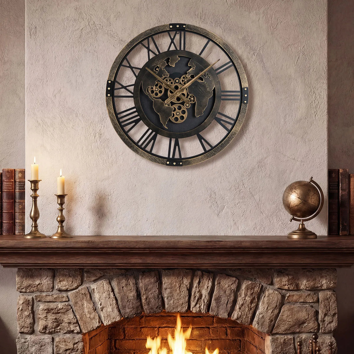 HOMASIS Silent Decorative Metal Gear Wall Clock With World Map
