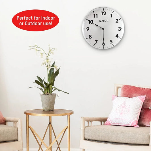 Indoor Outdoor Metal Wall Clock With Thermometer And Large Numbers