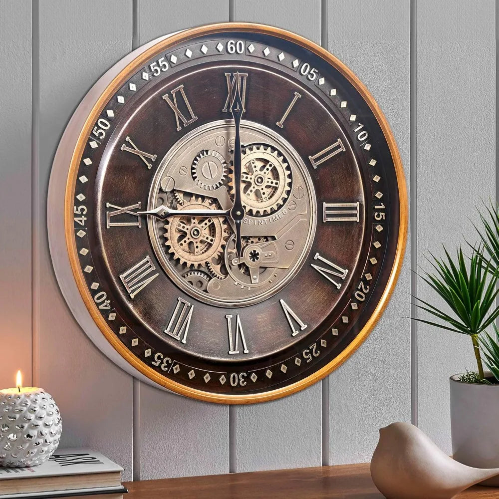 Industrial Steampunk Wall Clock With Moving Gears Antique Metal