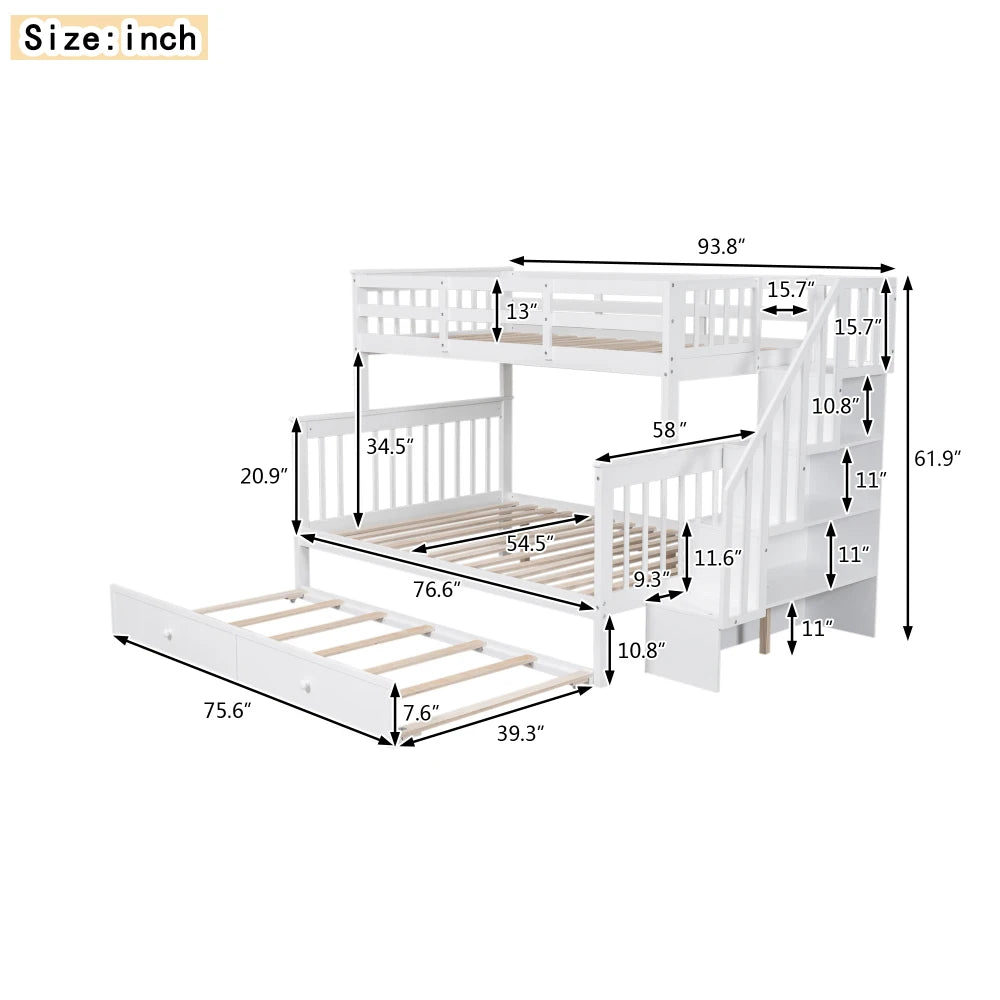 Twin Over Full Bunk Bed With Trundle Storage And Guardrail