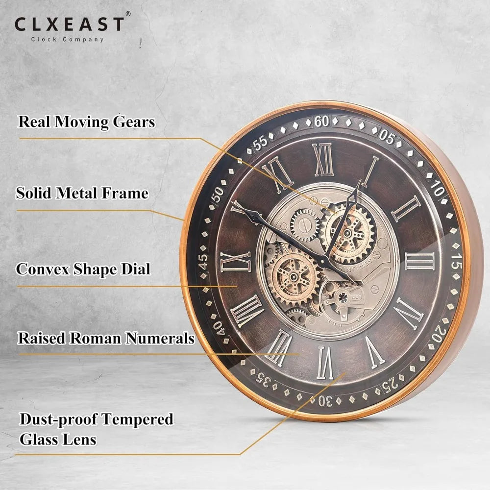 Industrial Steampunk Wall Clock With Moving Gears Antique Metal