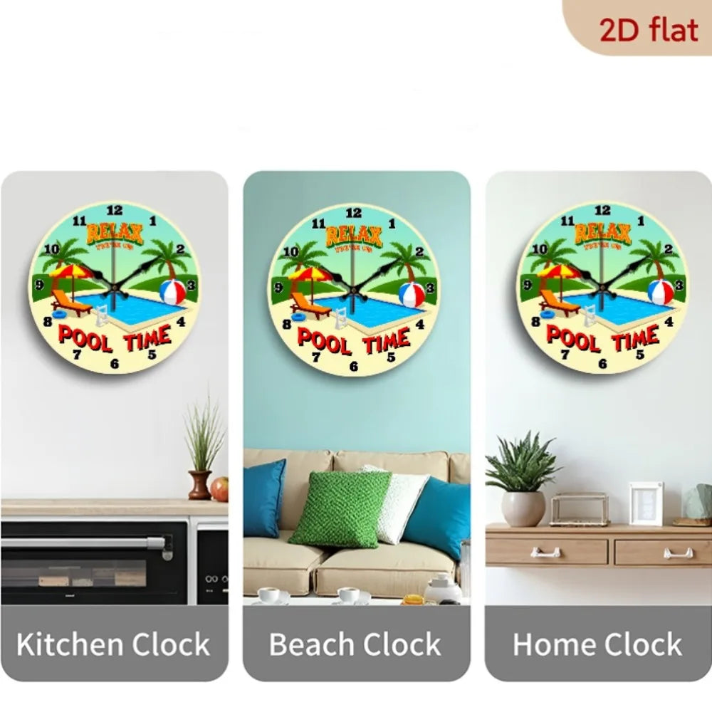 XMSJ Tropical Pool Time Wooden Wall Clock Silent Beach Decor