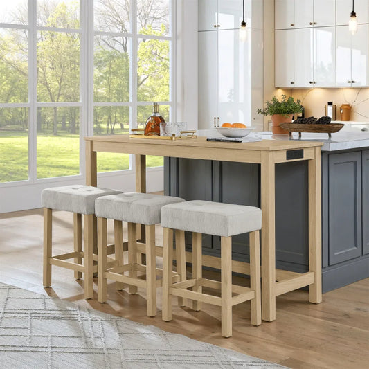 Solid Wood And MDF Dining Table Set With Upholstered Stools