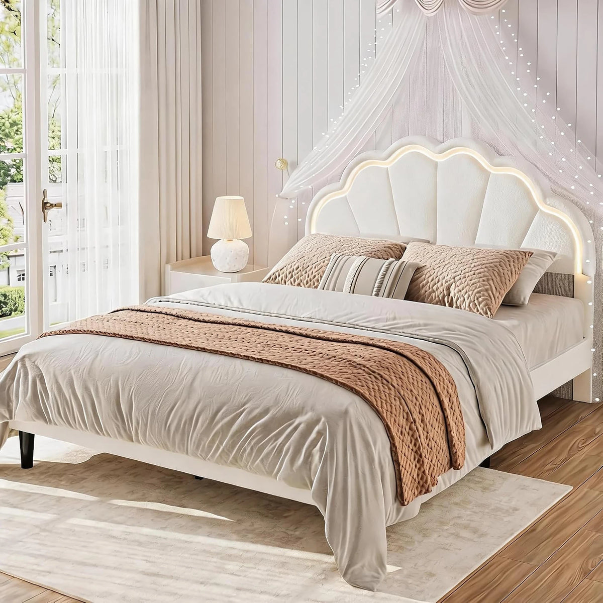 HiMISS Upholstered LED Bed Frame With Velvet Shell Headboard