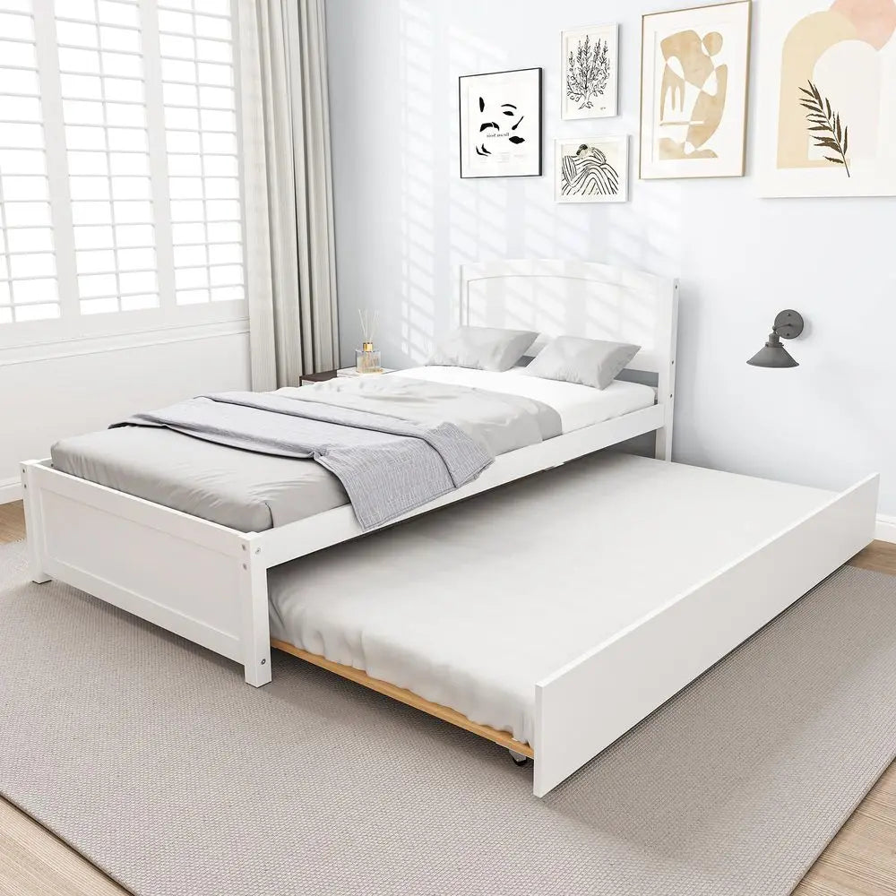 Pine Wood Pull Out Trundle Daybed With Headboard And Slats