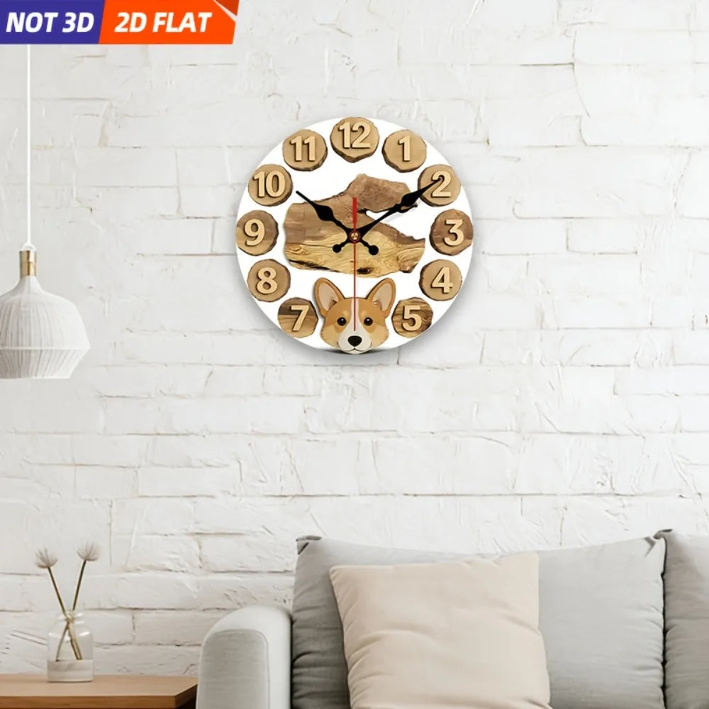 Corgi Themed Wooden Wall Clock Silent Decorative 2D Print