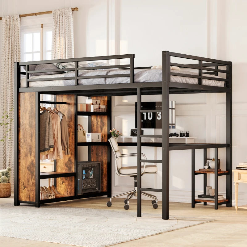 Loft Bed Frame With Builtin Wardrobe Desk And Shelves Woodgrain