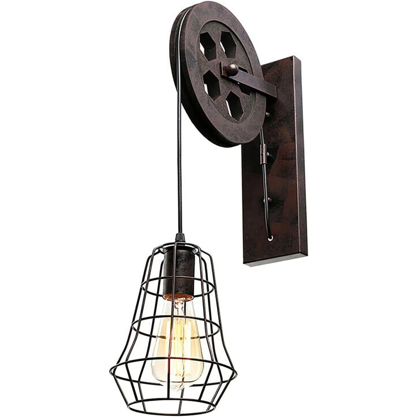 Bymaocar Industrial Wall Sconce Lift Pulley Lamp With Iron Cage