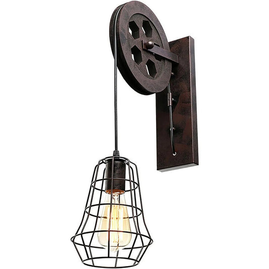 Bymaocar Industrial Wall Sconce Lift Pulley Lamp With Iron Cage