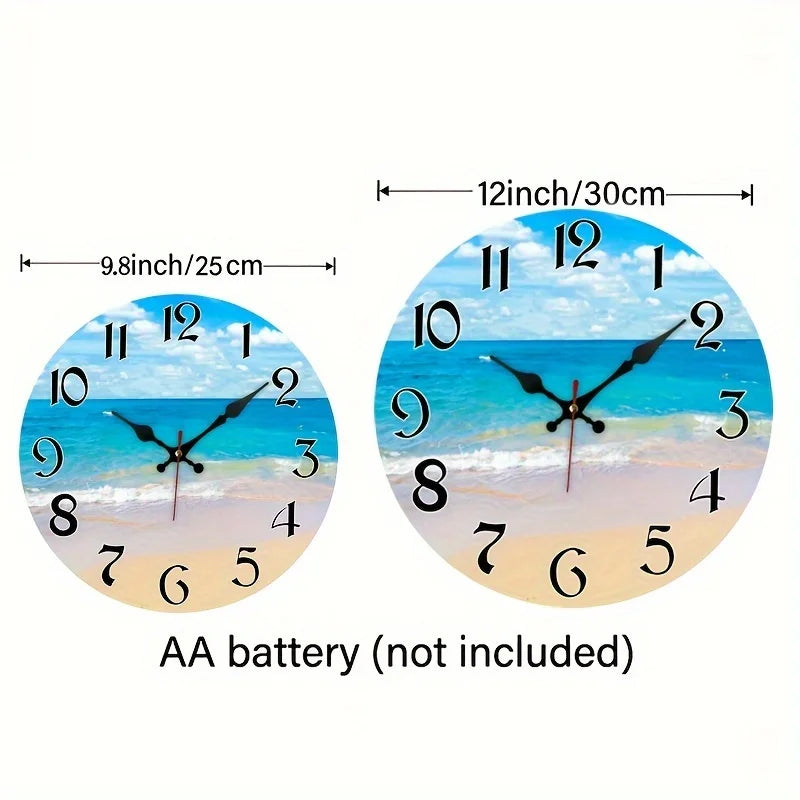 Blue Sky White Clouds Beach Themed Wall Clock Silent Battery Operated