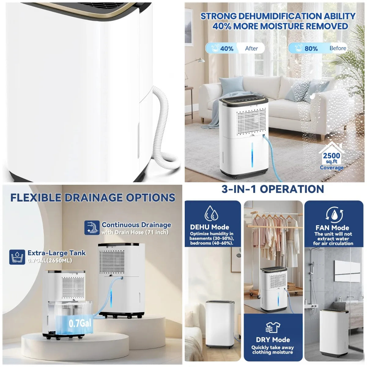 XMSJ 30 Pint Basement Dehumidifier With Drain Hose