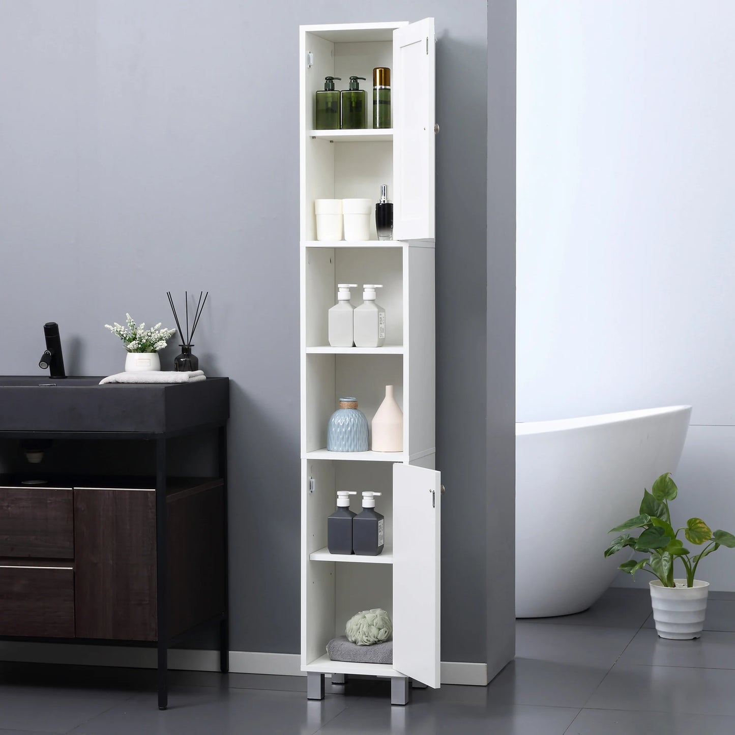 KLEANKIN Tall Freestanding Bathroom Storage Cabinet With Mirror And Adjustable Shelves