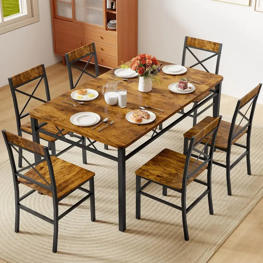 XMSJ 7 Piece Dining Table Set With 6 Chairs Farmhouse