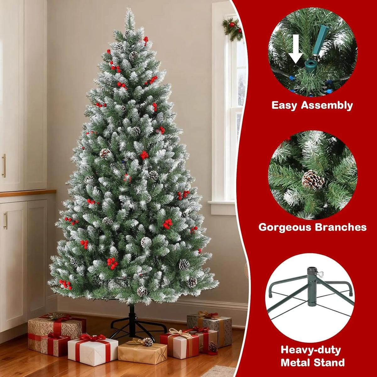 HiMISS Snow Flocked Artificial Christmas Tree With Pine Cones