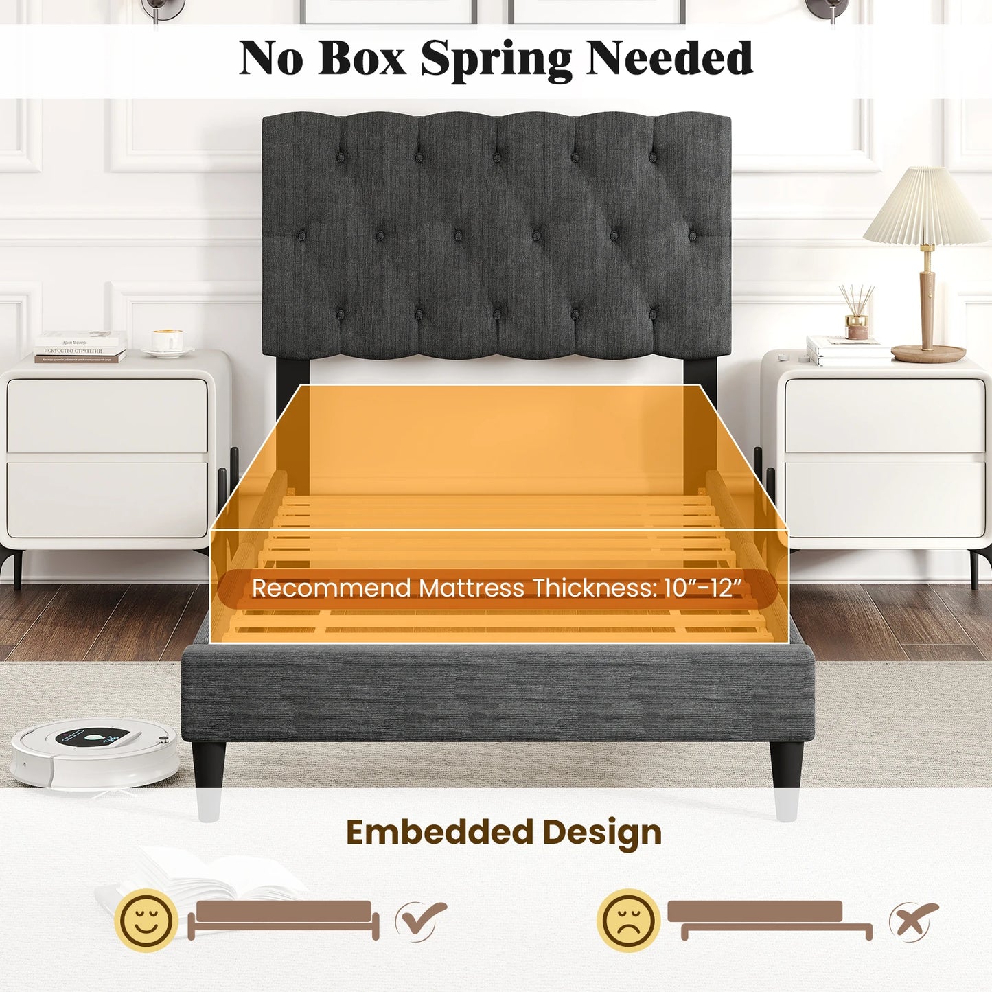 HOMASIS Bed Frame With Button Tufted Headboard And Wooden Slats