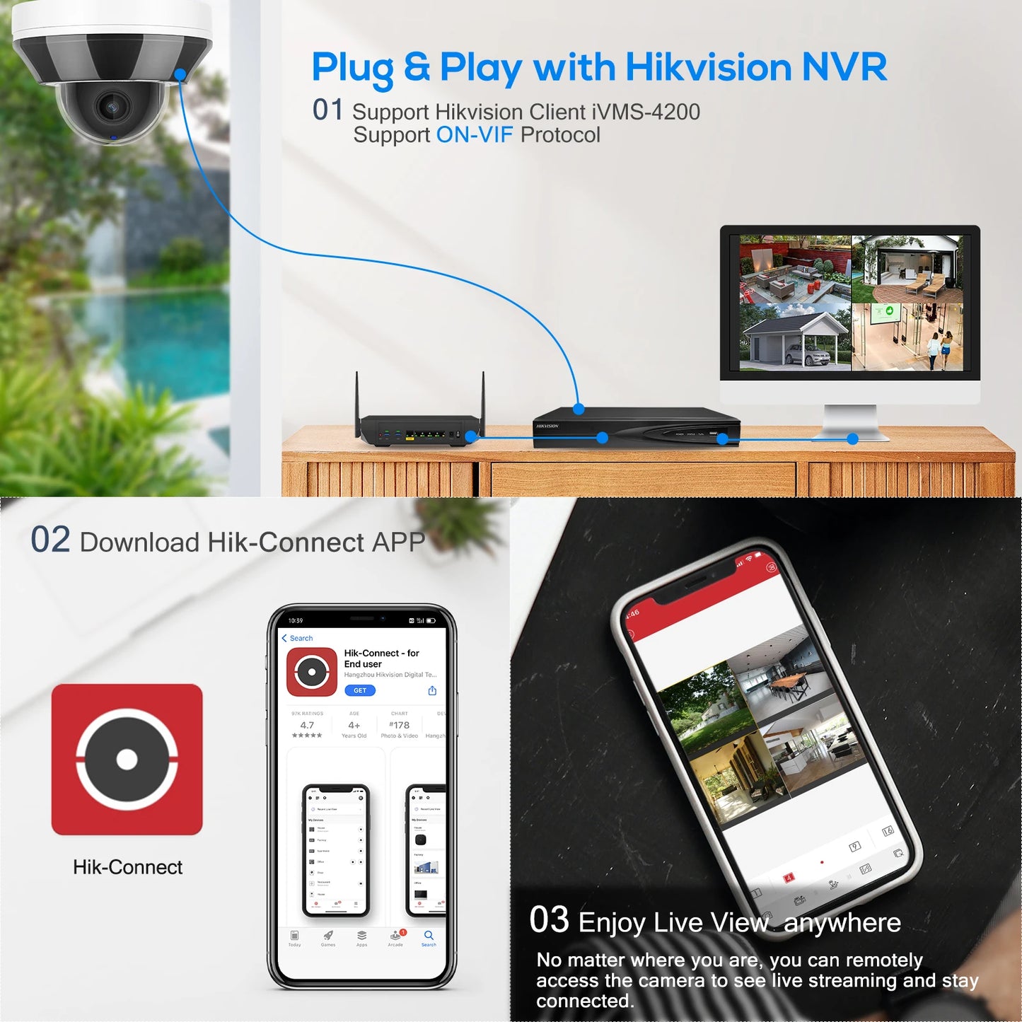 AIOTSECX Hikvision Compatible 6MP POE PTZ Dome Camera 3X Zoom