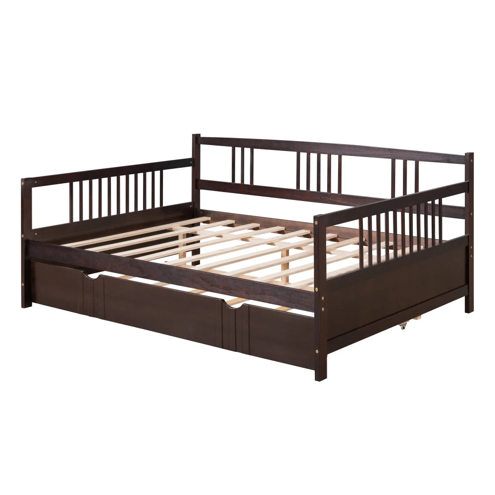 Solid Wood Daybed With Trundle Bed Frame For Bedroom