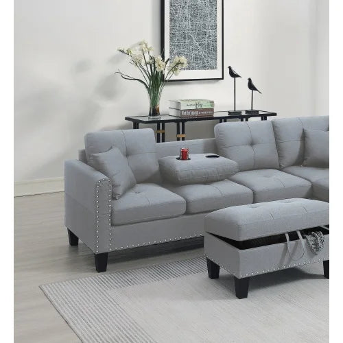 Segmented Storage Sofa Set with Plush Cushions and Cup Holders