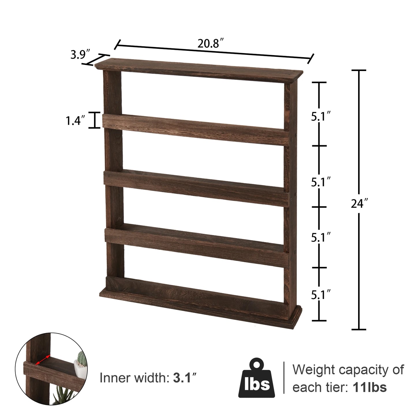 Wood Spice Rack Wall Mount Organizer Tiered Holder