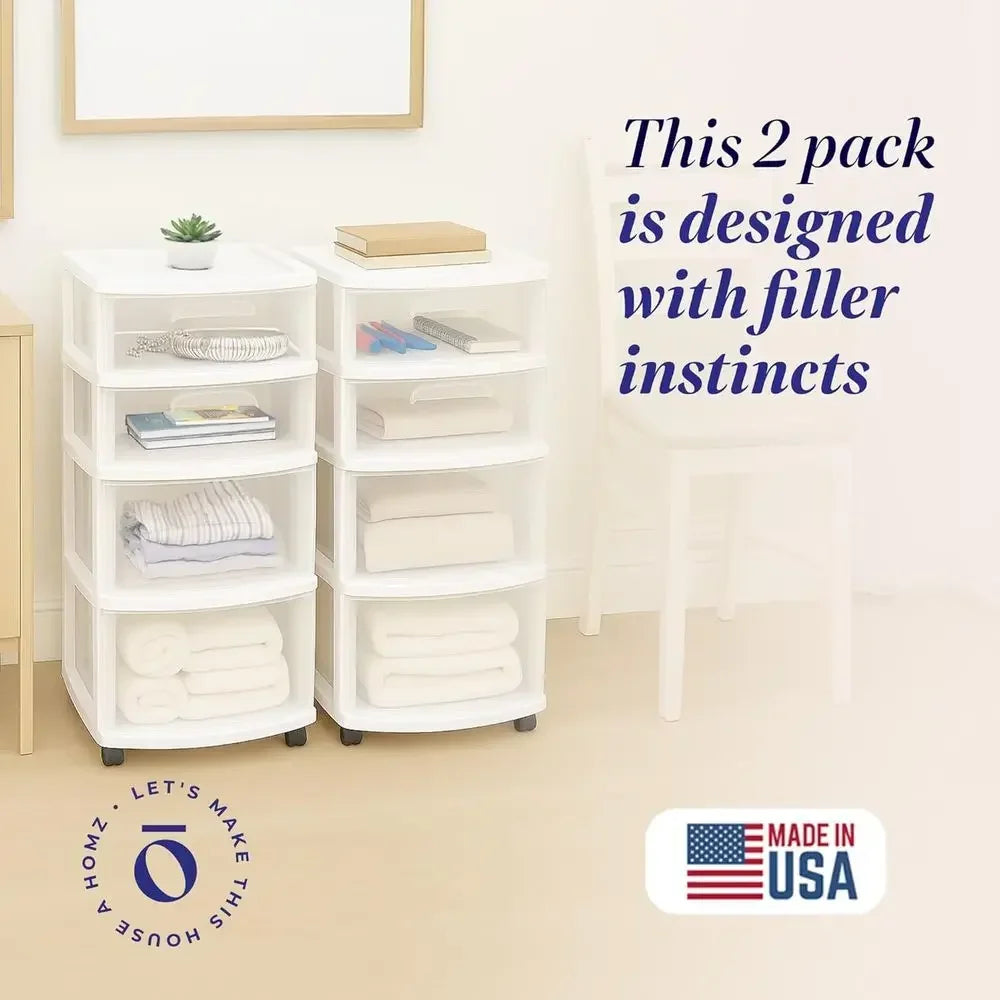4 Tier Clear Plastic Storage Cart With Wheels Two Pack