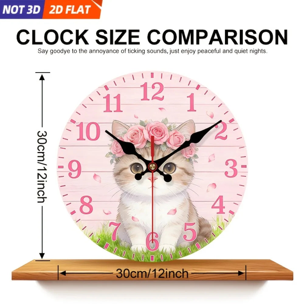 Livi Cat And Rose Wreath Wall Clock With Silent Operation